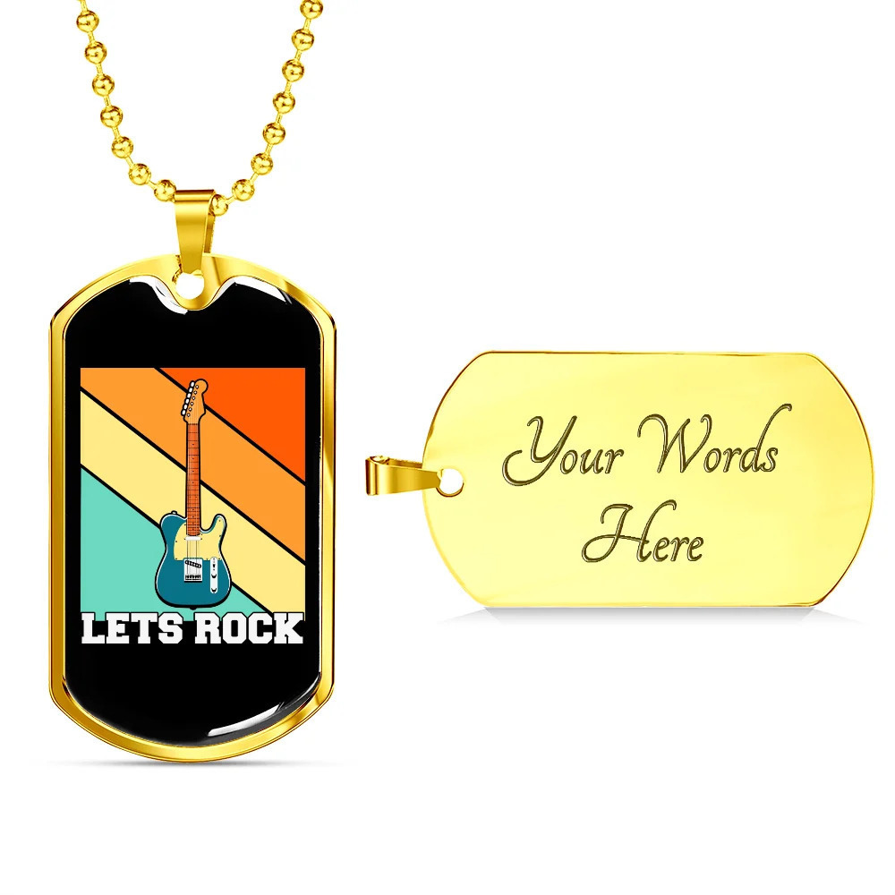 Musician Necklace Let's Rock Personalized Engraved Gold Dog Tag Necklace Custom